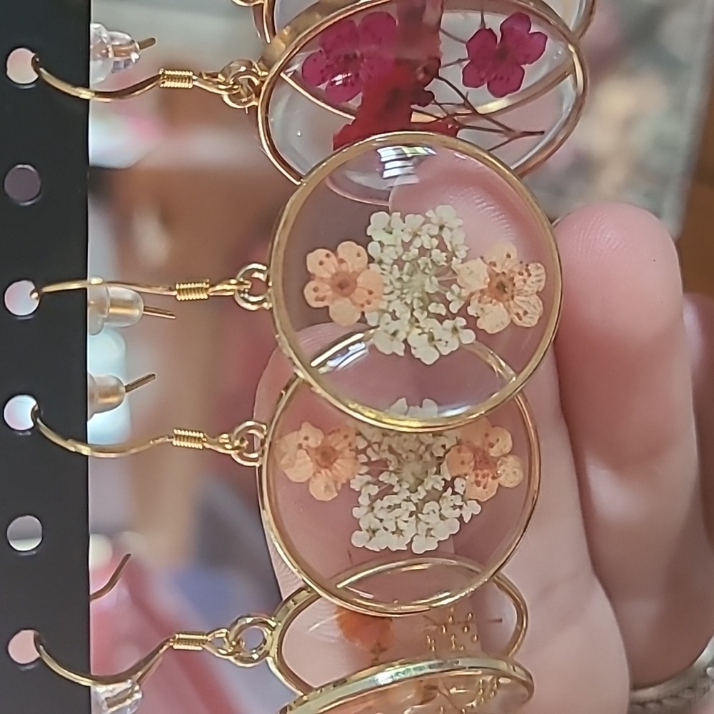 Circular Orange and White Pressed Flower Earrings